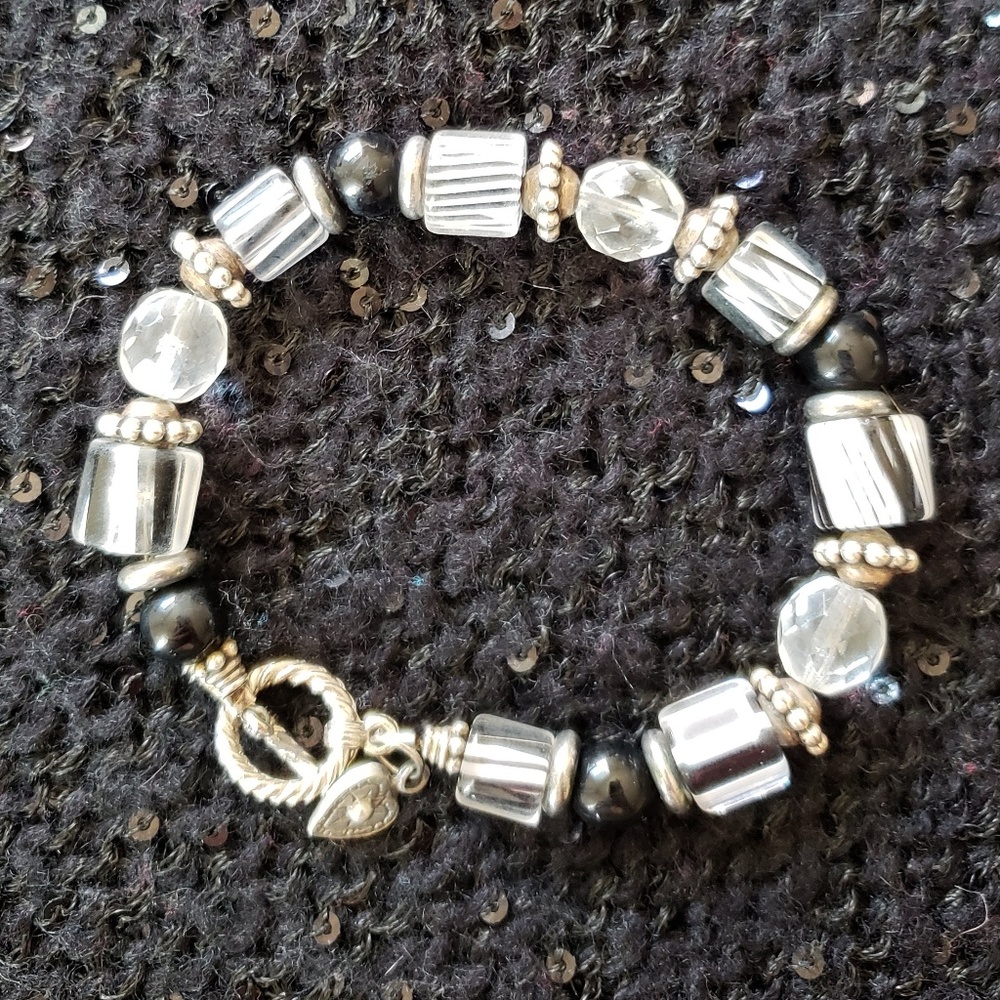 Black & White Beaded Toggle Bracelet Heart Charm